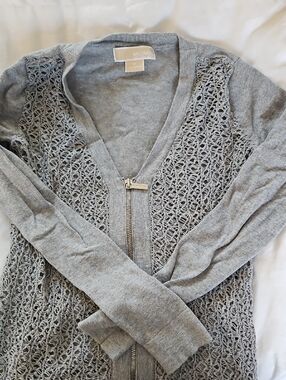 Michael Kors Light Gray Open-Knit Zip Cardigan